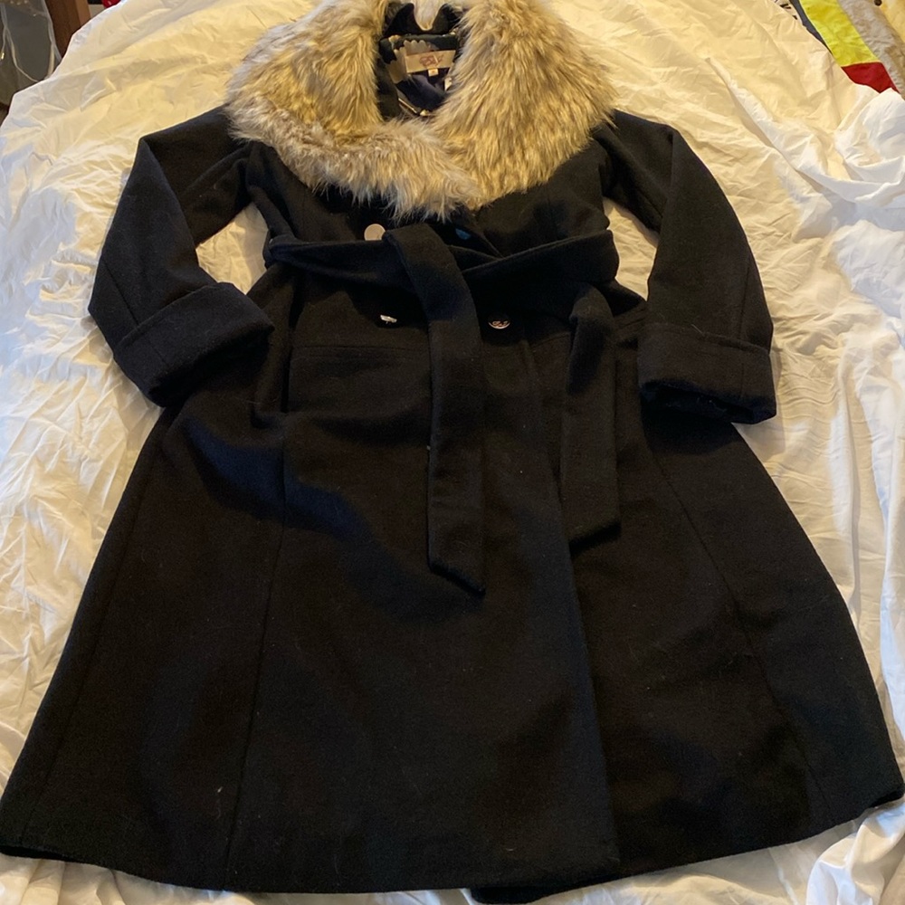 Eliza J Formal Wool-Blend Winter Coat with Removable Fur Collar